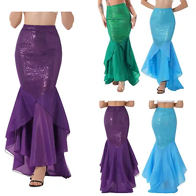 Women Mermaid Costume Shiny Sequins Long Tail Halloween Party Maxi Skirts S-4XL • $9.19