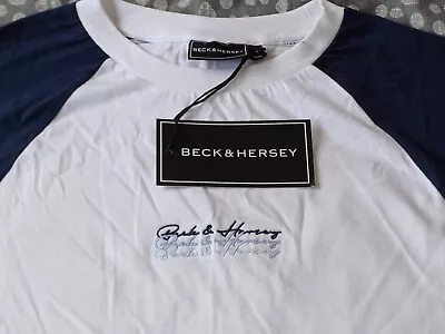 Beck & Hersey White & Navy Cotton T Shirt Mens Medium • £7.99