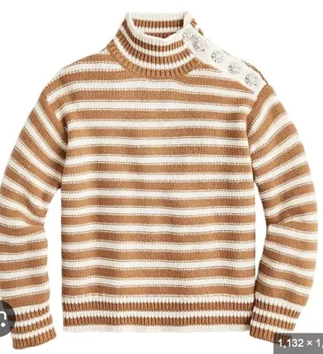 J.CREW CARAMEL NATURAL CABLE KNIT MOCKNECK STRIPE JEWEL BUTTONS SWEATER Small • $15