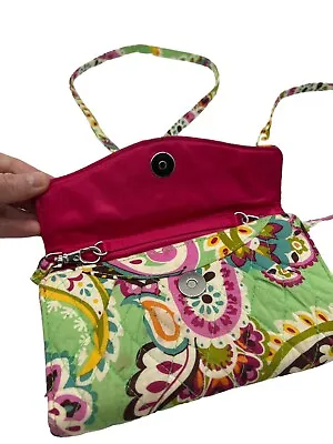 Vera Bradley Tutti Frutti Strap Trifold Wallet Crossbody Bag Green Pink Paisley • $17.99
