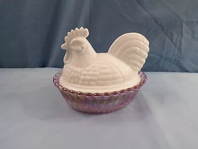 Westmoreland Rooster On The Nest Covered Candy Dish Pink Carnival & Milk Glass • $11.99