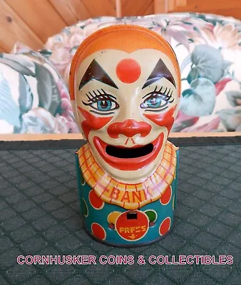 VINTAGE 1950's J CHEIN SCARY TIN CLOWN BANK IN VERY GOOD CONDITION ~ WORKING • $74.95