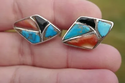 $95 • Buy Vintage Southwest Navajo Sterling Turquoise, Coral & Onyx Cufflinks - 9.2 Gms. 