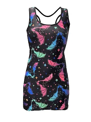 Women's Multicoloured Galaxy Bats Stars Printed Long Vest Top Bodycon Retro • £21.99