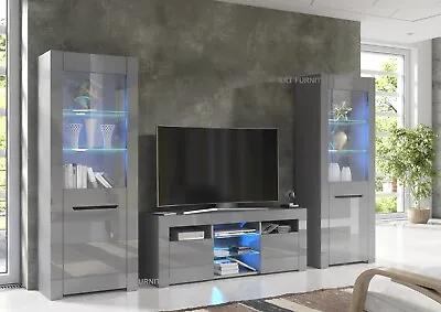 TV Unit High Gloss Grey &Matt Living Room Set Stand Display Cabinets LED Lights • £509.90