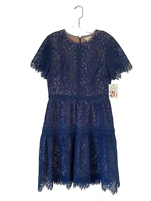NWT Shoshanna Blue Short Sleeve Lace Nude Navy Panel Fit & Flare Dress Size 10 • $84