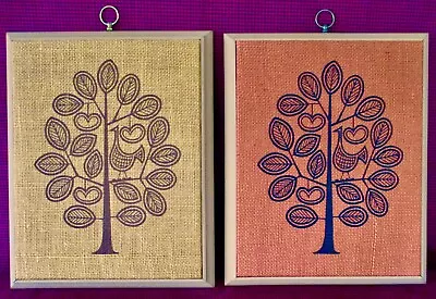 Vtg Mid Century Modern MCM Hand Screened Framed Burlap Tree & Bird Wall Art~Pair • $49.95