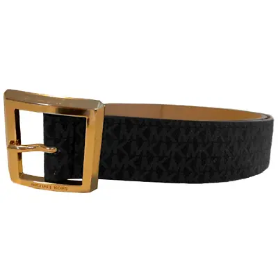 MICHAEL KORS Women's MK Logo Signature  BLACK Belt GOLD Buckle  Size Medium • $32.75