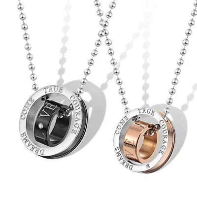Black Gold Titanium Steel Diamante Double Rings Pendant Lovers Couple Necklace • £4.49