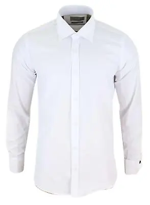Mens White Nehru Classic Round Removable Collar Button Shirt Slim Regular Fit • £26.39