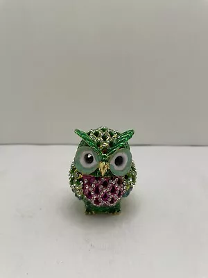 Green Pink Owl Hand Painted Bejeweled Hinged Trinket Jewelry Box • $13