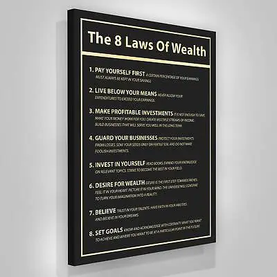 8 Laws Of Wealth Money Motivational Canvas Print Investor Wall Art Finance Sign • $49.95