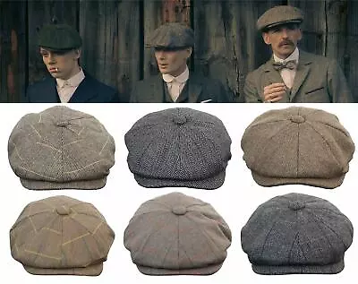 Men's Flat Cap Newsboy Baker Boy Herringbone Tweed Wool Gatsby Peaky 8 Panel Hat • £9.99