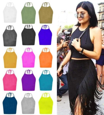 £3.99 • Buy Ladies Plain Halter Neck Crop Top Sleeveless Tie Up Knot Vest Basic T-Shirt Tops