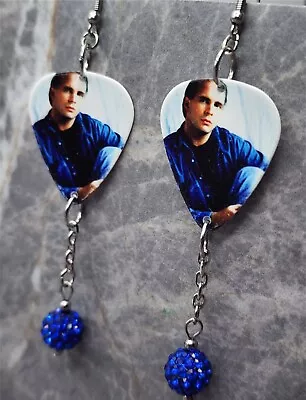 Garth Brooks Guitar Pick Earrings With Blue Pave Bead Dangles • $6.50