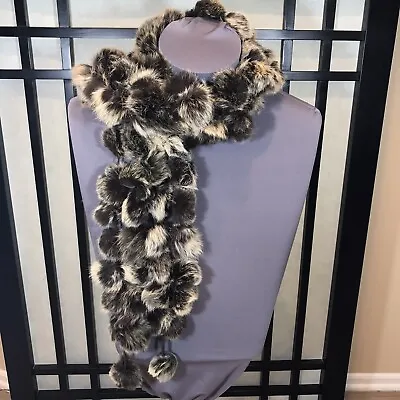 Brown Rabbit Fur Ball Scarf Womens Soft Pom Pom Interwoven Shawl 4 Row 52  Long • $23.95