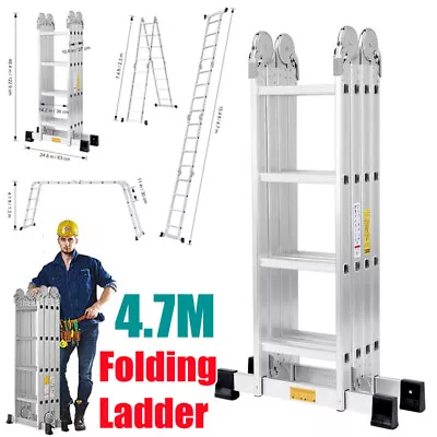 4.7M Multi Purpose Extension Folding Aluminum Ladder Multi Function 4X4 Steps UK • £97.97