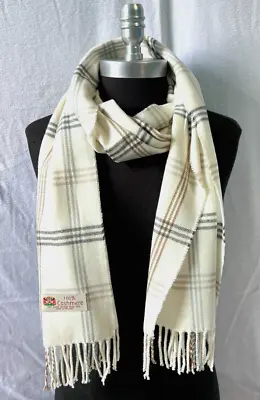 Men Women's 100% CASHMERE SCARF Plaid Off White /grays / Camel Soft Wool #F302 • $8.99