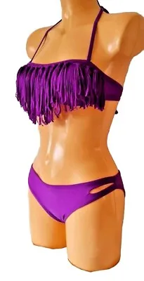 Womens Bikini Purple Halterneck Fringe Tassel Padded Bandeau Hipster Uk 10 12 • £12.95