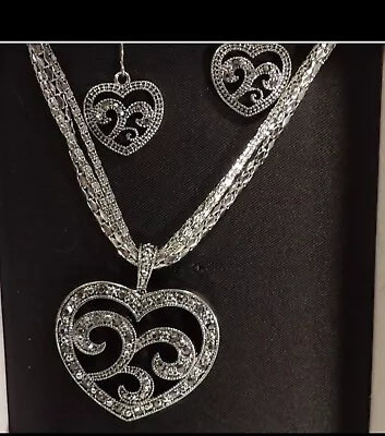 MIXIT  Black Crystal Accented Heart Necklace-Earring-Set Silver-Tone NEW • $13.99
