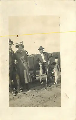 Man Hunter With Rifle; Shotgun Holding 2 Rabbits In Front On Car Photo Postcard • $6