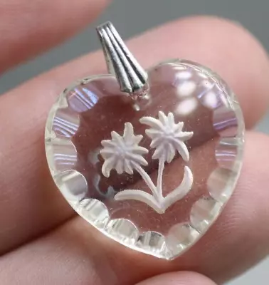 Vintage Small Clear Reverse Carved Glass Intaglio Flowers Floral Heart Pendant • $6.50