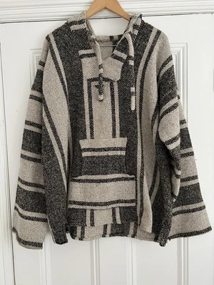 £34.99 • Buy Men’s Hippie Jacket Hoodie Black Oatmeal Stripes Festival Mexican Baja