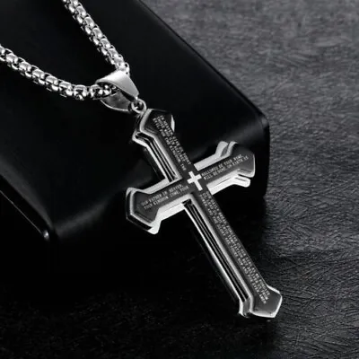 Men Cross Pendant Necklace Stainless Steel Multilayer Lord's Prayer Chain 24  • $7.98