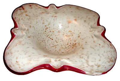 Murano Art Glass Bowl White Free Form Gold Adventurine Fleck Purple Edge Vintage • $25.99