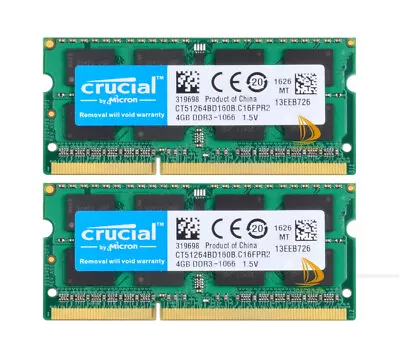 8 GB Crucial 2x4GB 2RX8 PC3-8500 DDR3 1066Mhz SODIMM Laptop  RAM Memory Imac2009 • £11.99