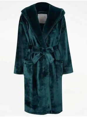 GEORGE Luxury Dark Green Plush Hooded Dressing Gown Bath Robe Size S (8-10) • £22.99