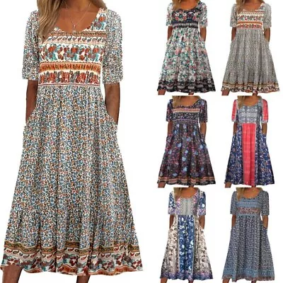 Women's Short Sleeve Boho Print Dress Casual Baggy Gypsy Swing Dresses PLUS SIZE • £14.99