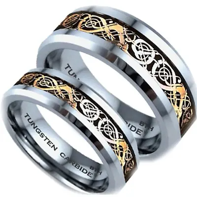 His And Hers Tungsten Celtic Dragon Inlay Matching Wedding Ring Set -UK SELLER • £69.99