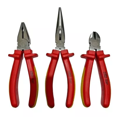 3 Piece VDE Insulated Side Cutter Combination & Long Nose Plier Set Taiwan Made • £36.99