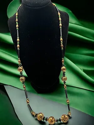 Ornate Gold-Tone Green Beads And Black Tube Spacers Necklace Vintage! • $24.99