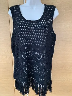 £10 • Buy Black Crochet Top With Fringed Hem - Size S (10) BNWT