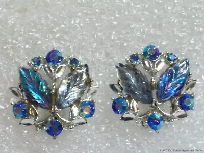 Vintage Signed BSK Earrings AB Glass Rhinestones Molded Leaf Iridescent Blue • $19.99