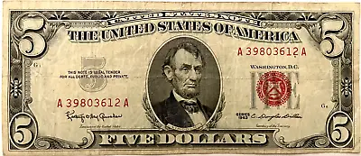  US $5 Bill  1963 United States Note Red Seal - PreOwned 😃 💥 • $15