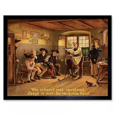 Advert Barber Cutting Hair Vintage Painting America 12X16 Inch Framed Art Print • $18.14