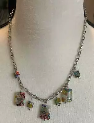 Vintage Silver Tone Chain Necklace Resin Beads Psychedelic Floral Pattern • $12.99