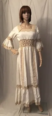 Vintage 1970s Cream White Mexican Wedding Dress Crochet Lace Angel Bell Sleeve S • $195