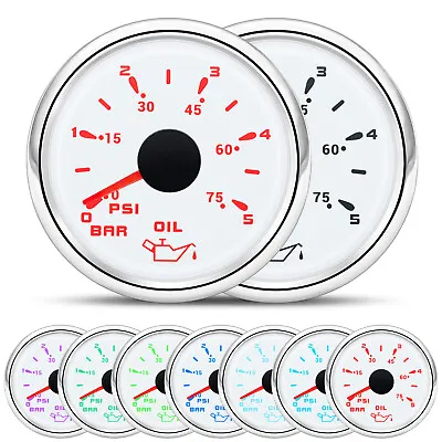 2  52MM Oil Pressure Gauge Meter 0-5Bar 0-75PSI 7 Colors LED For Marine Boat • $20.37