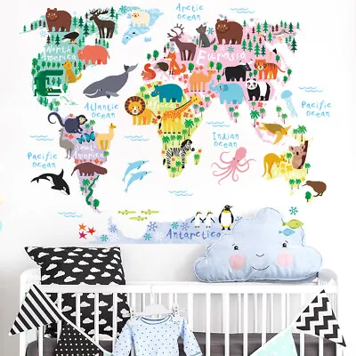 Carton Animals World Map A Early Learning Wall Sticker Decal Nursery/Kids Room • £11.99