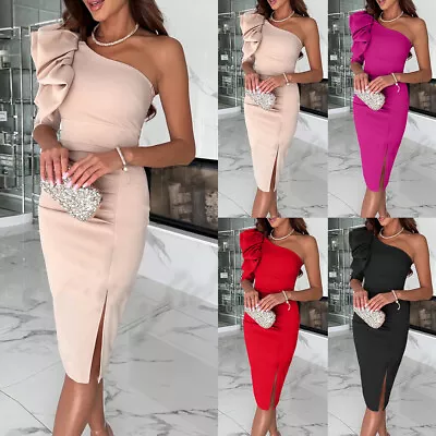 Womens One Shoulder Frilled Bodycon Ladies Evening Cocktail Party Midi Dress • £17.69