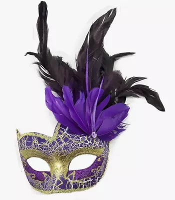 FEATHER MASQUERADE BALL PARTY Mardi Gras MASK PURPLE Gold Halloween Costume • $14.88