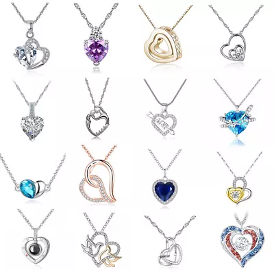 Women Silver Gold Rose Plated Heart Love Charm Bling Crystal Pendant Necklace • $9.95