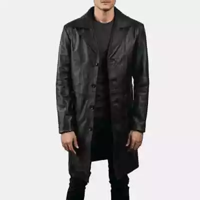 Men Trench Coat Genuine Lambskin Leather Long Winter Knee Length Jacket Coat • $59.99