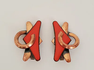 Vintage MCM Signed Matisse Copper With Enamel Modernist Design Clip On Earrings • $16
