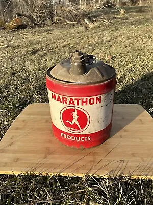 Vintage Marathon 5 Gallon Can Oil Advertising Metal With Wood Handle Ohio Oil Co • $120