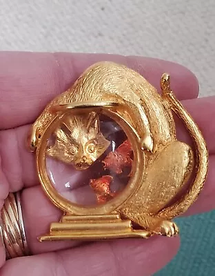 Vintage J.J. Goldtone Brooch Pin Cat Peering Lucite Jelly Belly Goldfish Bowl • $16